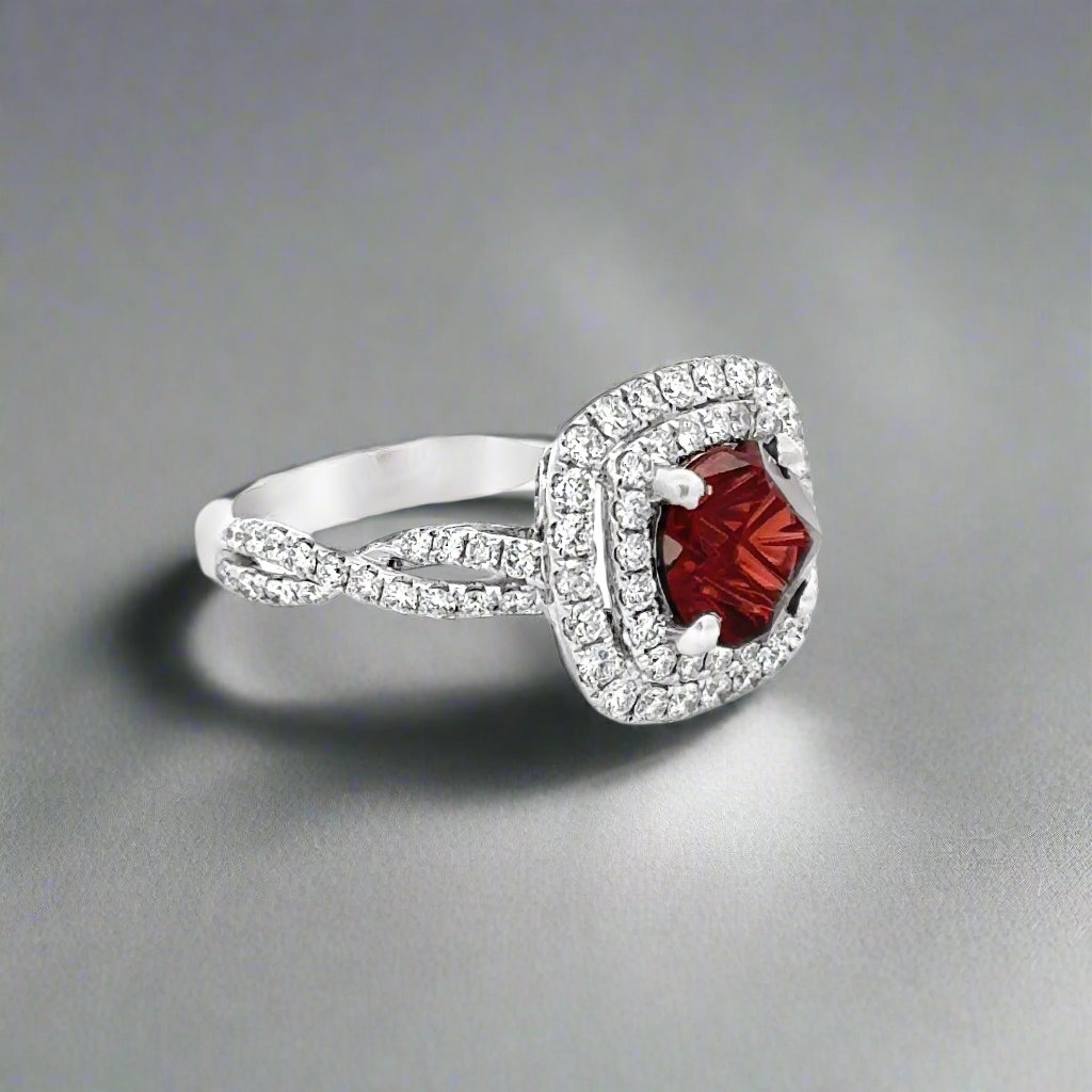 Garnet and Diamond 18K White Gold Estate Ring