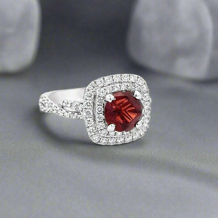 Garnet and Diamond 18K White Gold Estate Ring