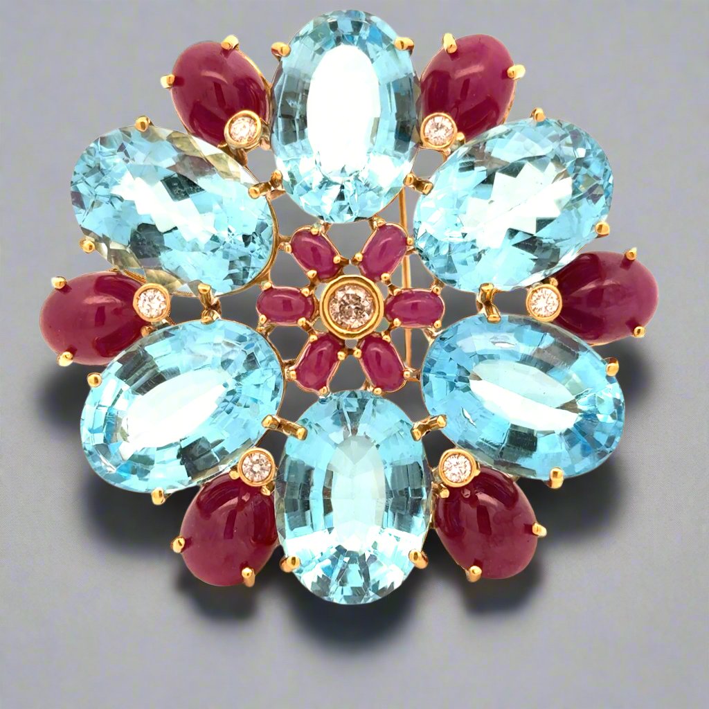 Estate Diamond, Ruby and Blue Topaz Statement Brooch