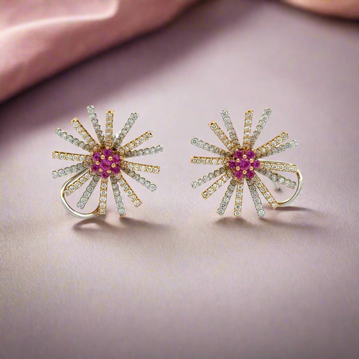 Retro Pink Sapphire, Diamond and 18K Burst Earrings