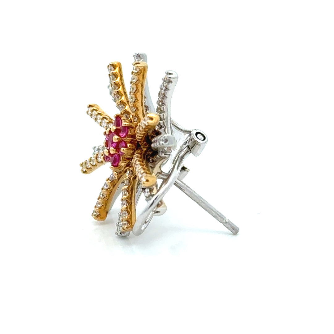 Retro Pink Sapphire, Diamond and 18K Burst Earrings