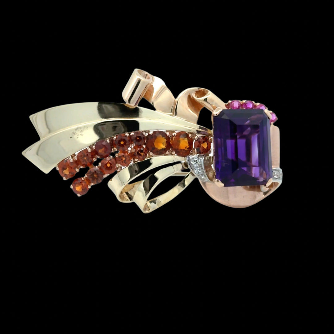 Retro Estate Amethyst, Garnet, Pink Sapphire and Diamond 14K Brooch