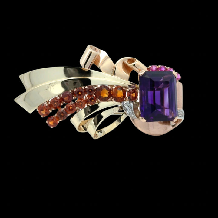 Retro Estate Amethyst, Garnet, Pink Sapphire and Diamond 14K Brooch