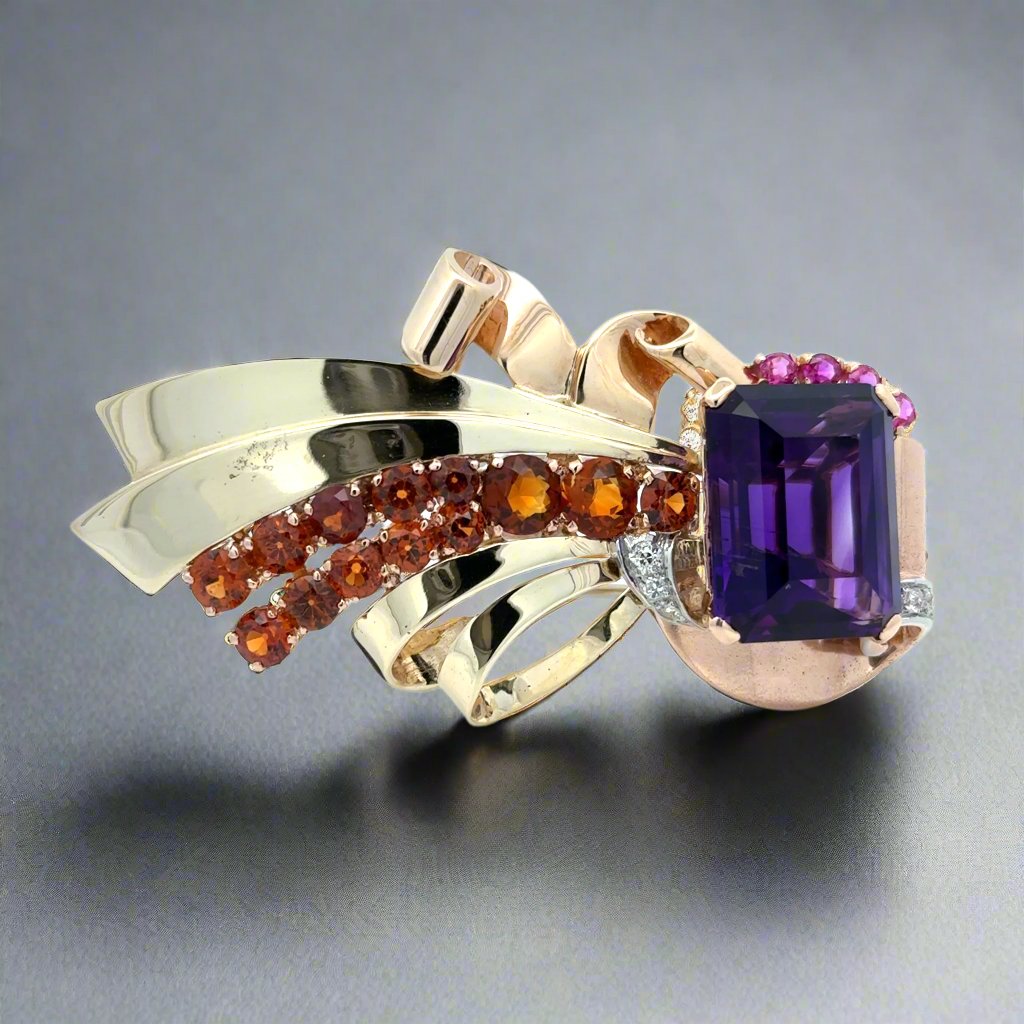 Retro Estate Amethyst, Garnet, Pink Sapphire and Diamond 14K Brooch