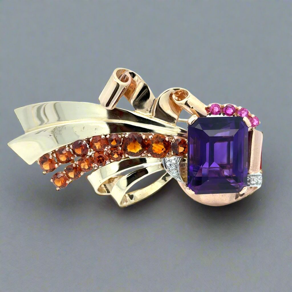 Retro Estate Amethyst, Garnet, Pink Sapphire and Diamond 14K Brooch