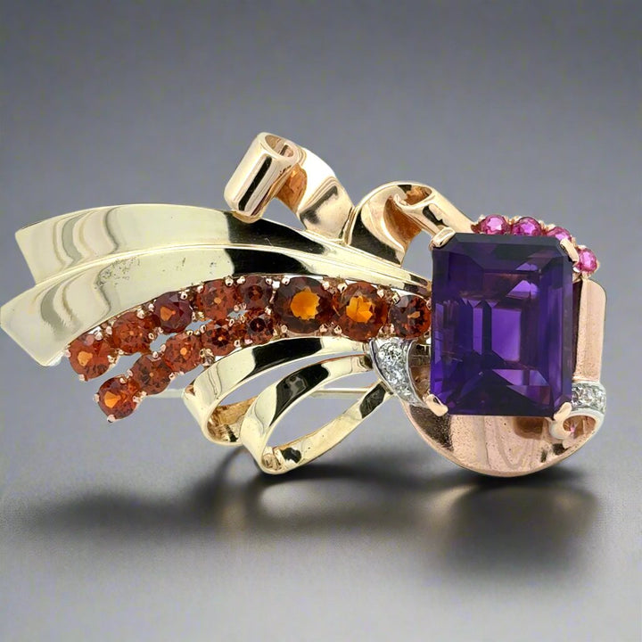 Retro Estate Amethyst, Garnet, Pink Sapphire and Diamond 14K Brooch