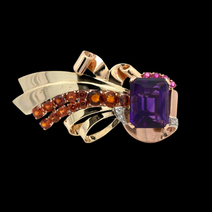 Retro Estate Amethyst, Garnet, Pink Sapphire and Diamond 14K Brooch