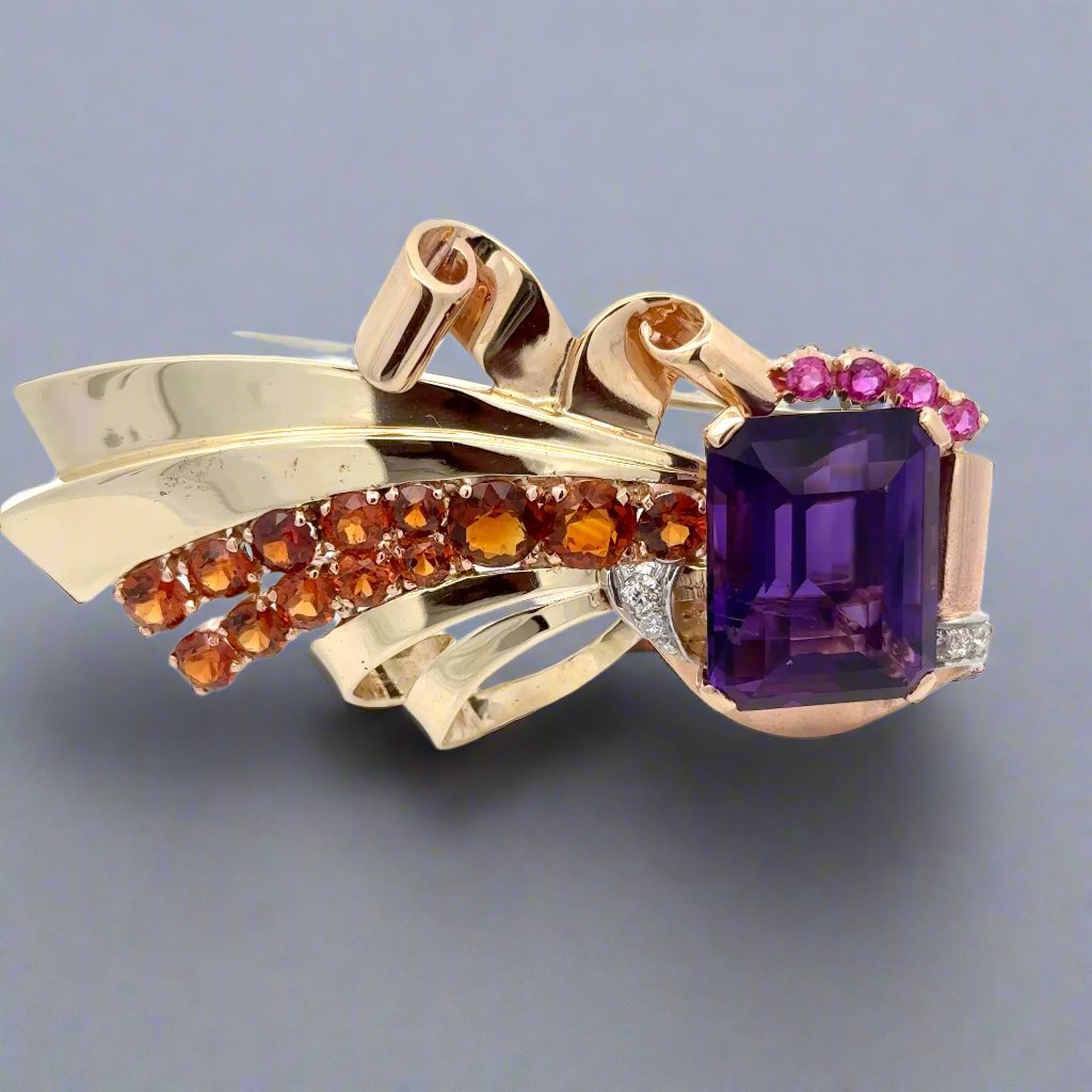 Retro Estate Amethyst, Garnet, Pink Sapphire and Diamond 14K Brooch