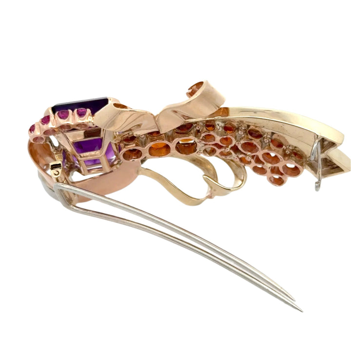 Retro Estate Amethyst, Garnet, Pink Sapphire and Diamond 14K Brooch