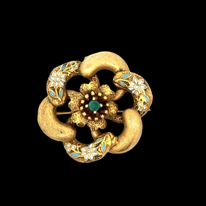 14K Yellow Gold Enamel Vintage Flower Brooch