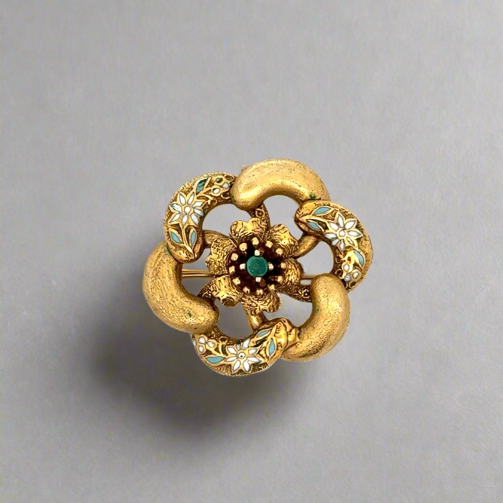 14K Yellow Gold Enamel Vintage Flower Brooch