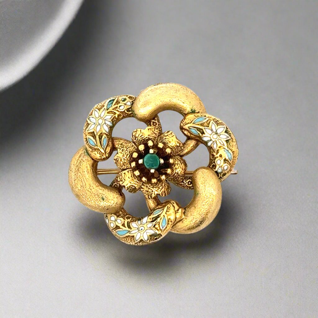 14K Yellow Gold Enamel Vintage Flower Brooch