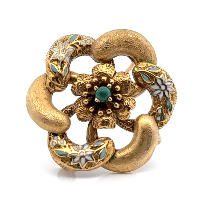 14K Yellow Gold Enamel Vintage Flower Brooch