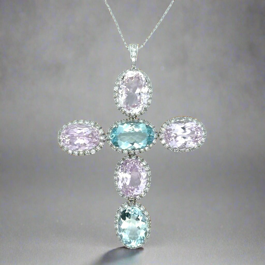 18K White Gold, Kunzite, Aquamarine and Diamond Large Cross Necklace