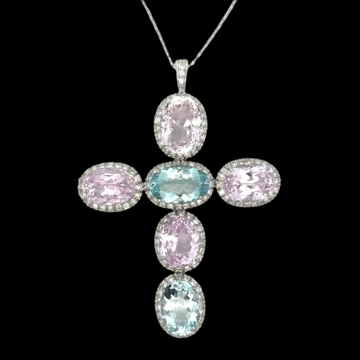 18K White Gold, Kunzite, Aquamarine and Diamond Large Cross Necklace