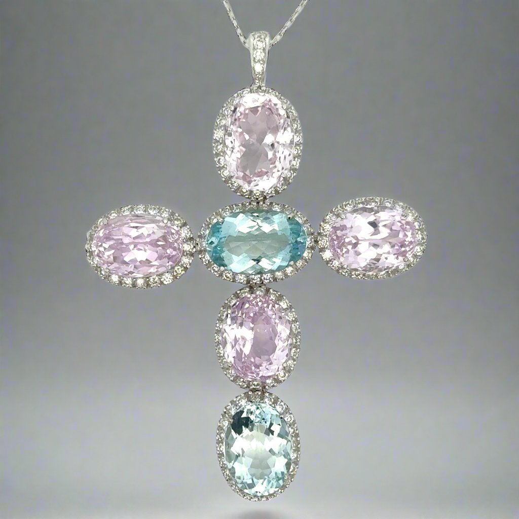 18K White Gold, Kunzite, Aquamarine and Diamond Large Cross Necklace