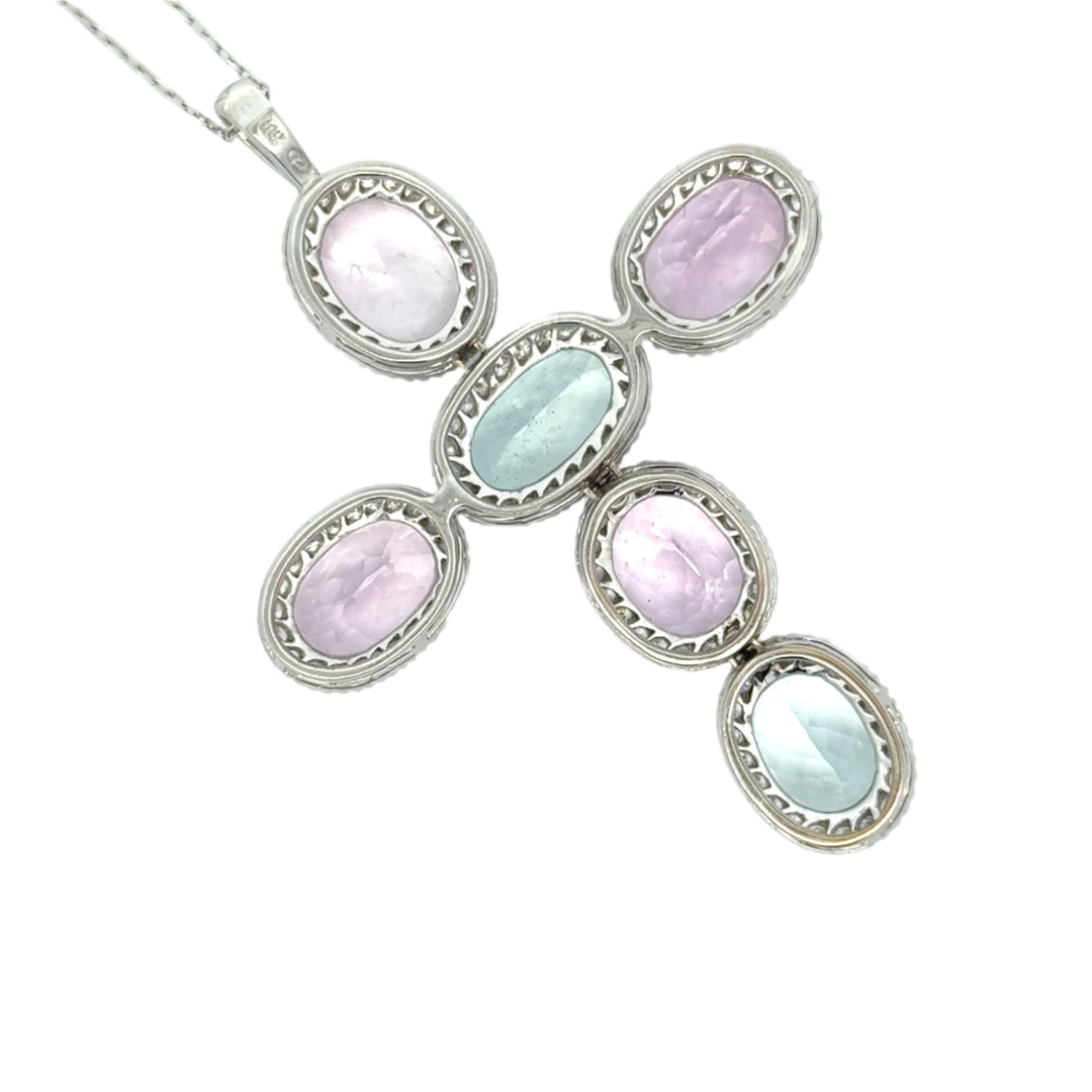 18K White Gold, Kunzite, Aquamarine and Diamond Large Cross Necklace