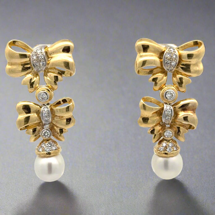 Diamond and Pearl Bow Dangle 18K Earrings