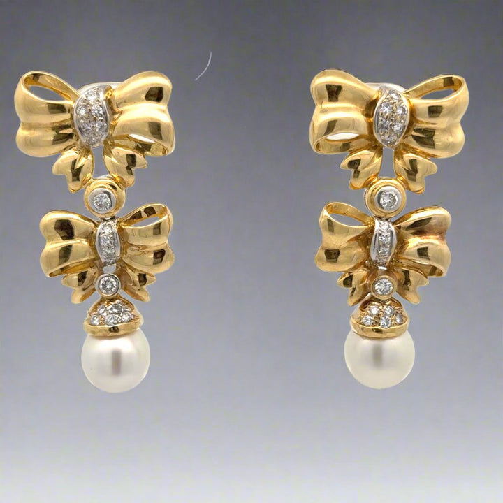 Diamond and Pearl Bow Dangle 18K Earrings