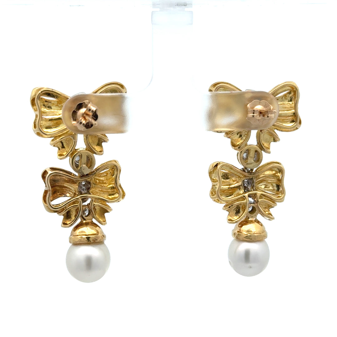 Diamond and Pearl Bow Dangle 18K Earrings