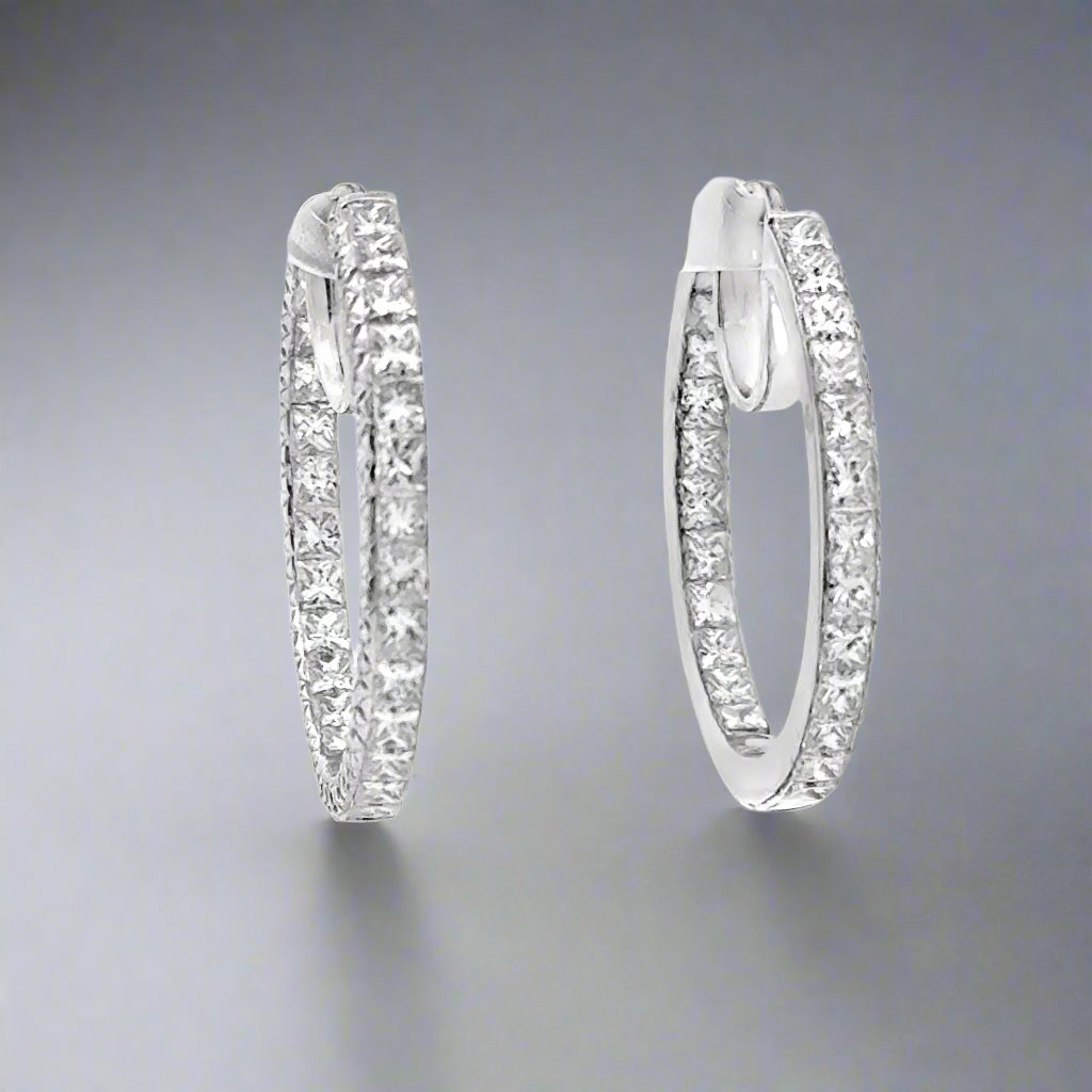 Princess Cut Inside/Outside Diamond 18K Hoop Earrings