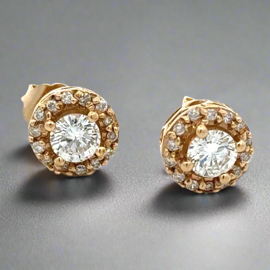 Diamond Halo 14K Yellow Gold Stud Earrings