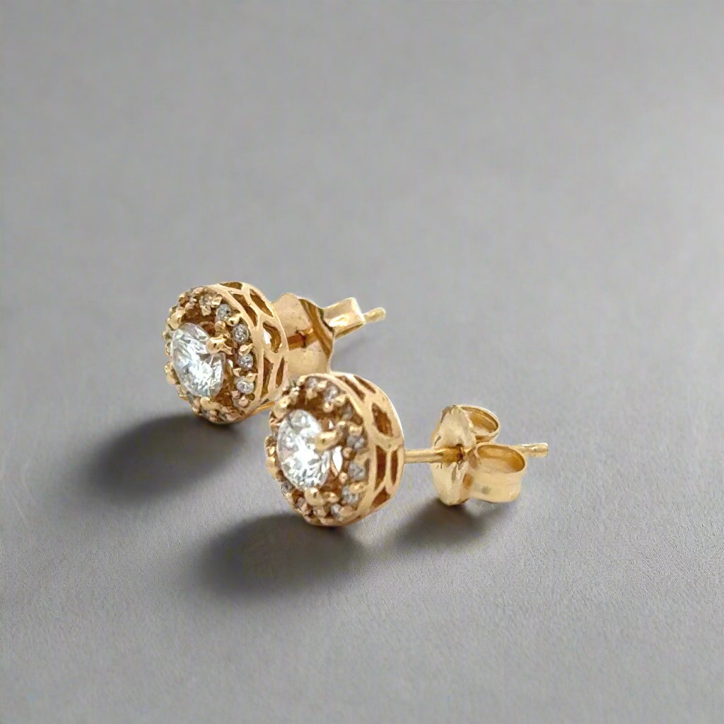 Diamond Halo 14K Yellow Gold Stud Earrings