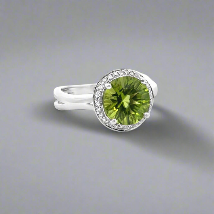 Round Peridot and Diamond 14K White Gold Cocktail Ring