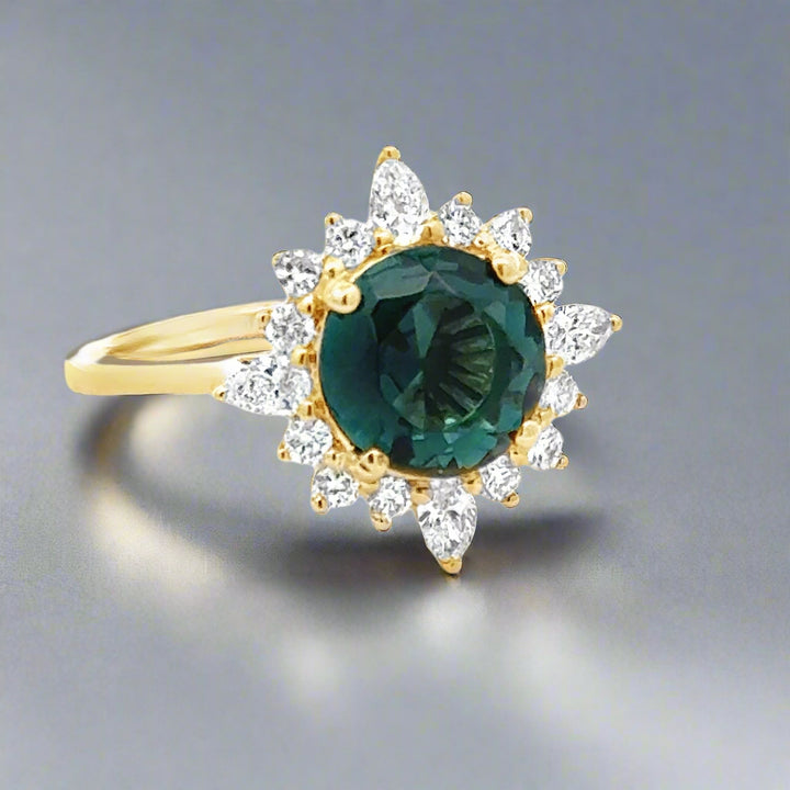 Round Green Tourmaline and Diamond 14K Yellow Gold Cocktail Ring