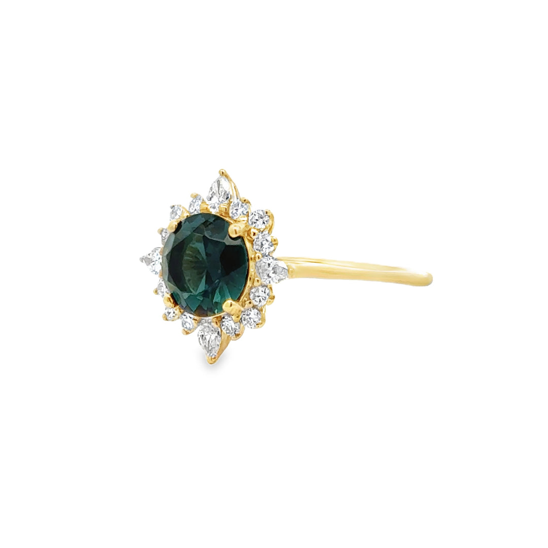 Round Green Tourmaline and Diamond 14K Yellow Gold Cocktail Ring