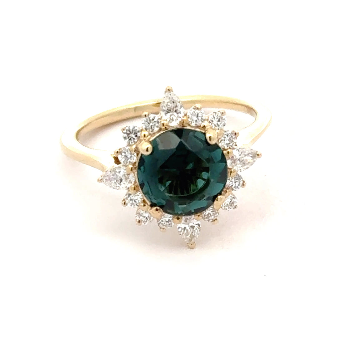 Round Green Tourmaline and Diamond 14K Yellow Gold Cocktail Ring