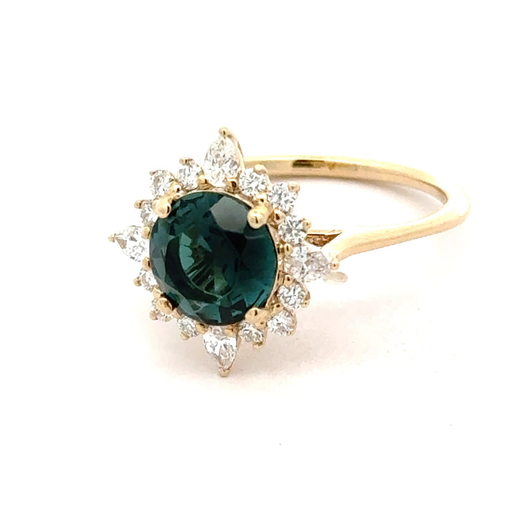 Round Green Tourmaline and Diamond 14K Yellow Gold Cocktail Ring