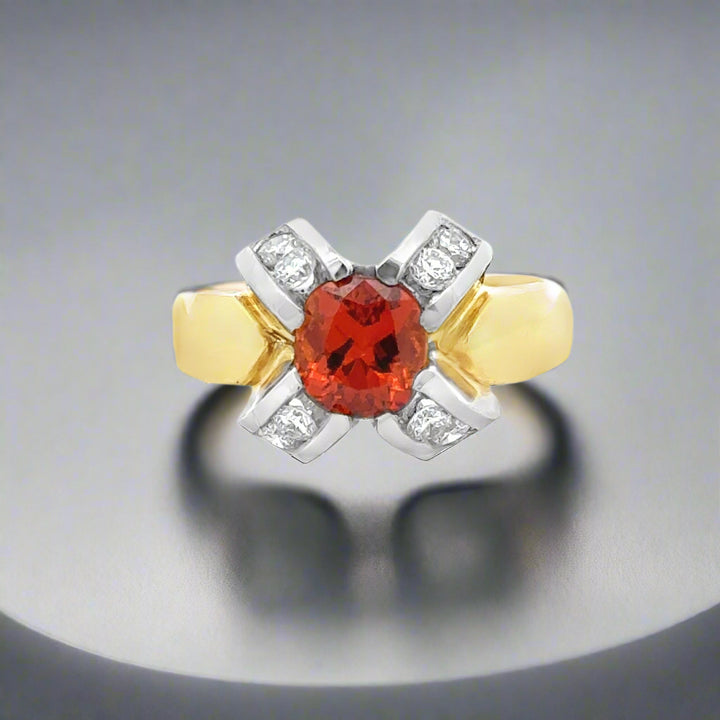 Oval Mandarin Orange Garnet and Diamonds in 18K Gold Bold Cocktail Ring