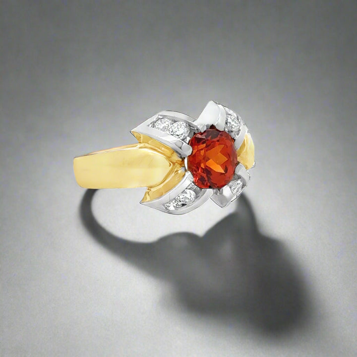 Oval Mandarin Orange Garnet and Diamonds in 18K Gold Bold Cocktail Ring