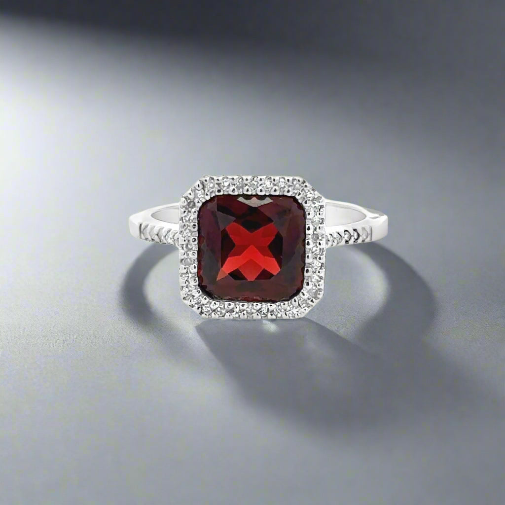 Garnet and Diamond 14k White Gold Statement Ring