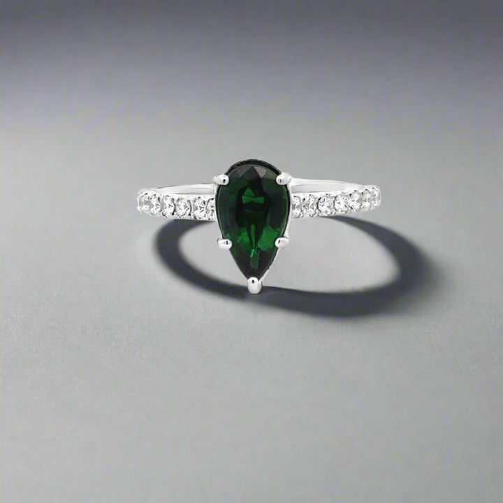 Pear Shaped Chrome Green Tourmaline, Diamond and 14K White Gold Ring