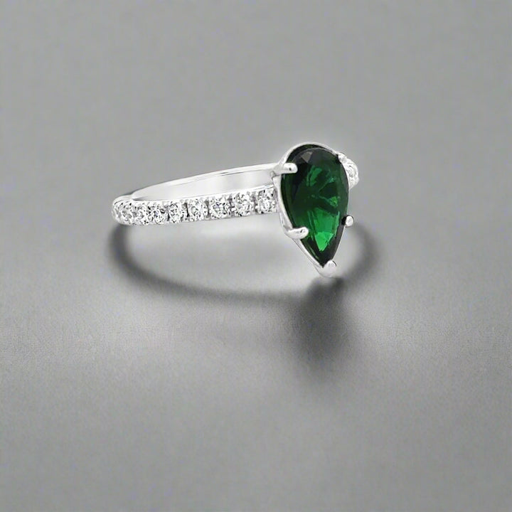 Pear Shaped Chrome Green Tourmaline, Diamond and 14K White Gold Ring