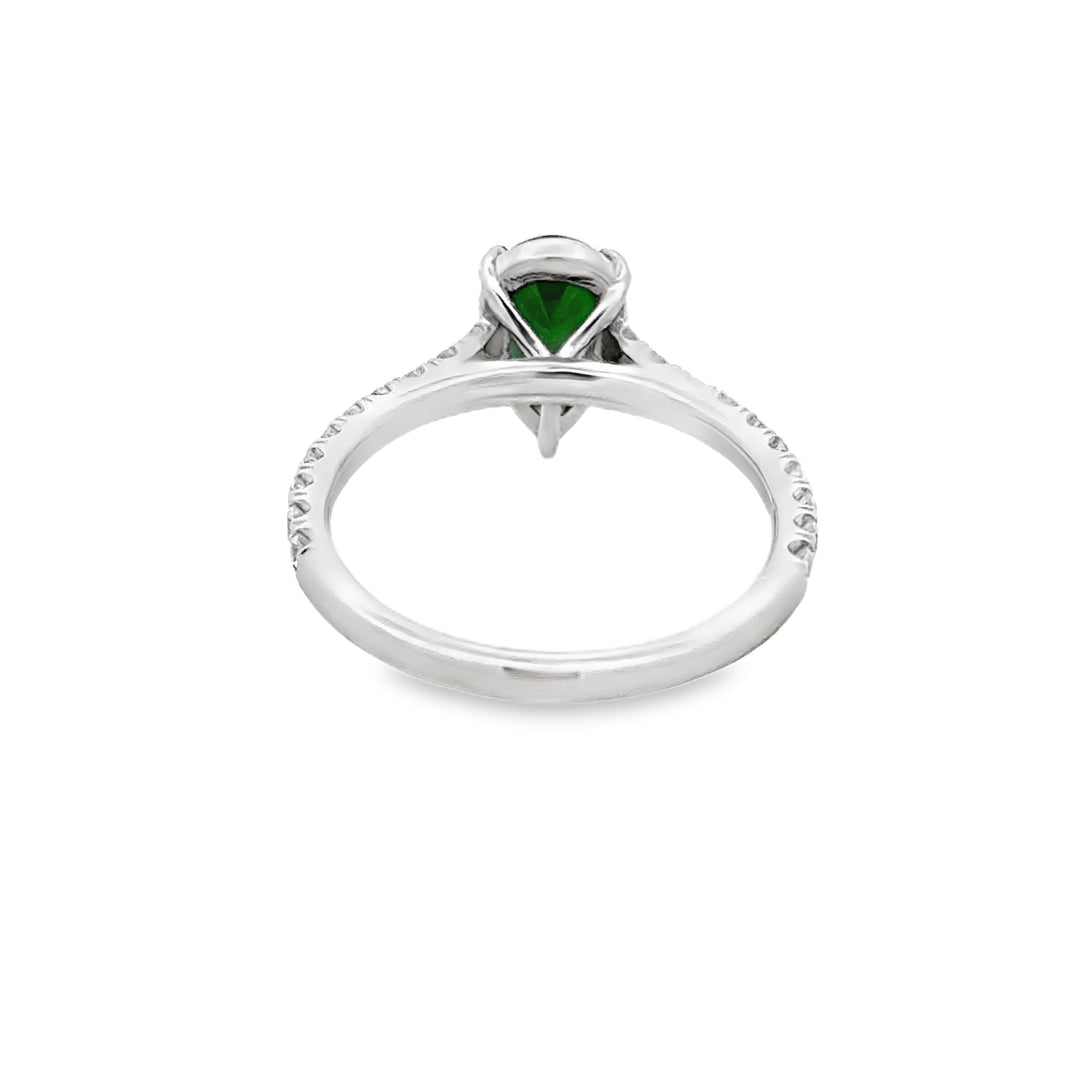 Pear Shaped Chrome Green Tourmaline, Diamond and 14K White Gold Ring