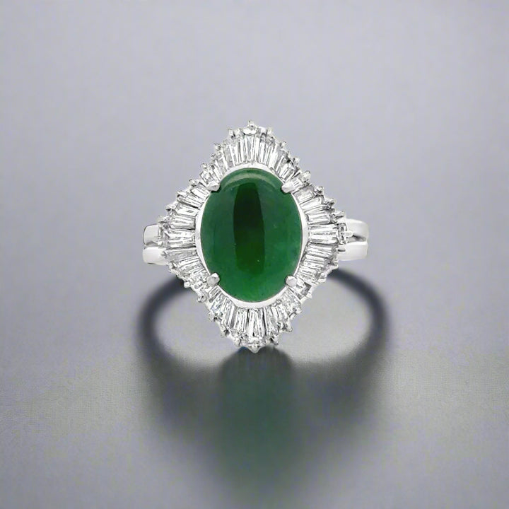 Oval Jade, Diamond and Platinum Ballerina Statement Ring