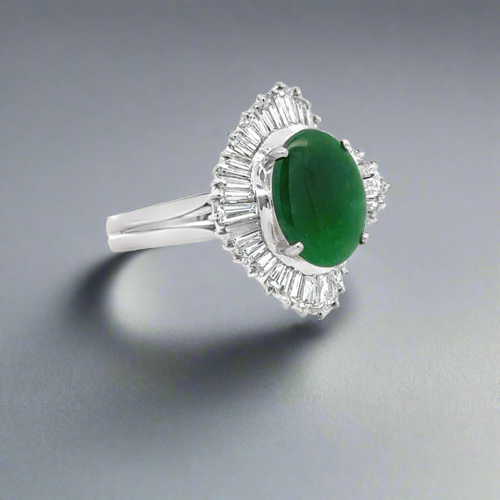 Oval Jade, Diamond and Platinum Ballerina Statement Ring