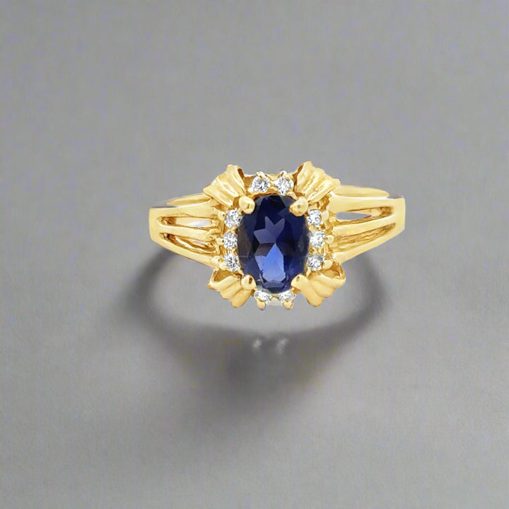 14K Yellow Gold Oval Iolite and Diamond Ring