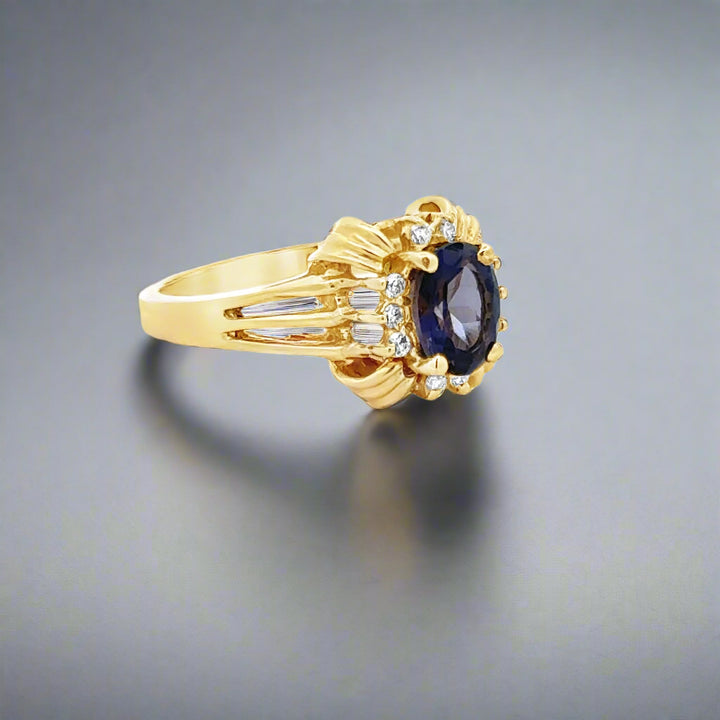 14K Yellow Gold Oval Iolite and Diamond Ring