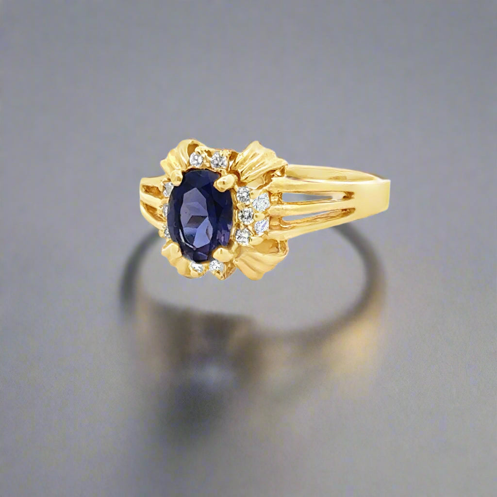 14K Yellow Gold Oval Iolite and Diamond Ring