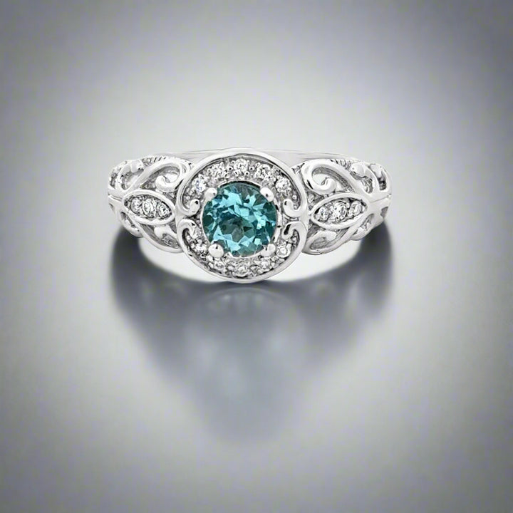 Aquamarine, Diamond and 14K White Gold Scroll Cocktail Ring