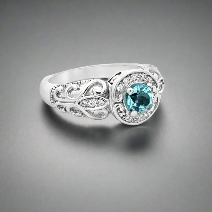 Aquamarine, Diamond and 14K White Gold Scroll Cocktail Ring