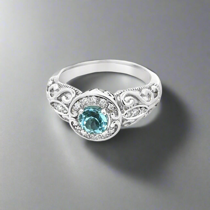 Aquamarine, Diamond and 14K White Gold Scroll Cocktail Ring