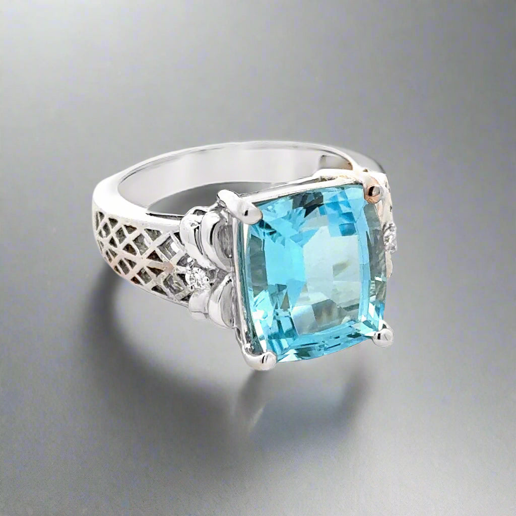 Blue Topaz, Diamond and 14K White Gold Cocktail Ring