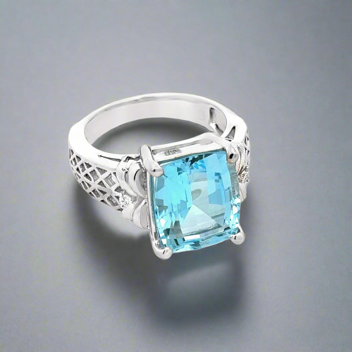 Blue Topaz, Diamond and 14K White Gold Cocktail Ring