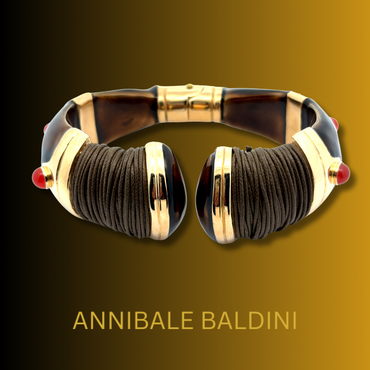 Annibale Baldini Italian Brown Enamel, Leather and Cabochon Bangle Bracelet