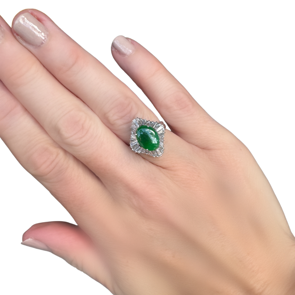 Oval Jade, Diamond and Platinum Ballerina Statement Ring